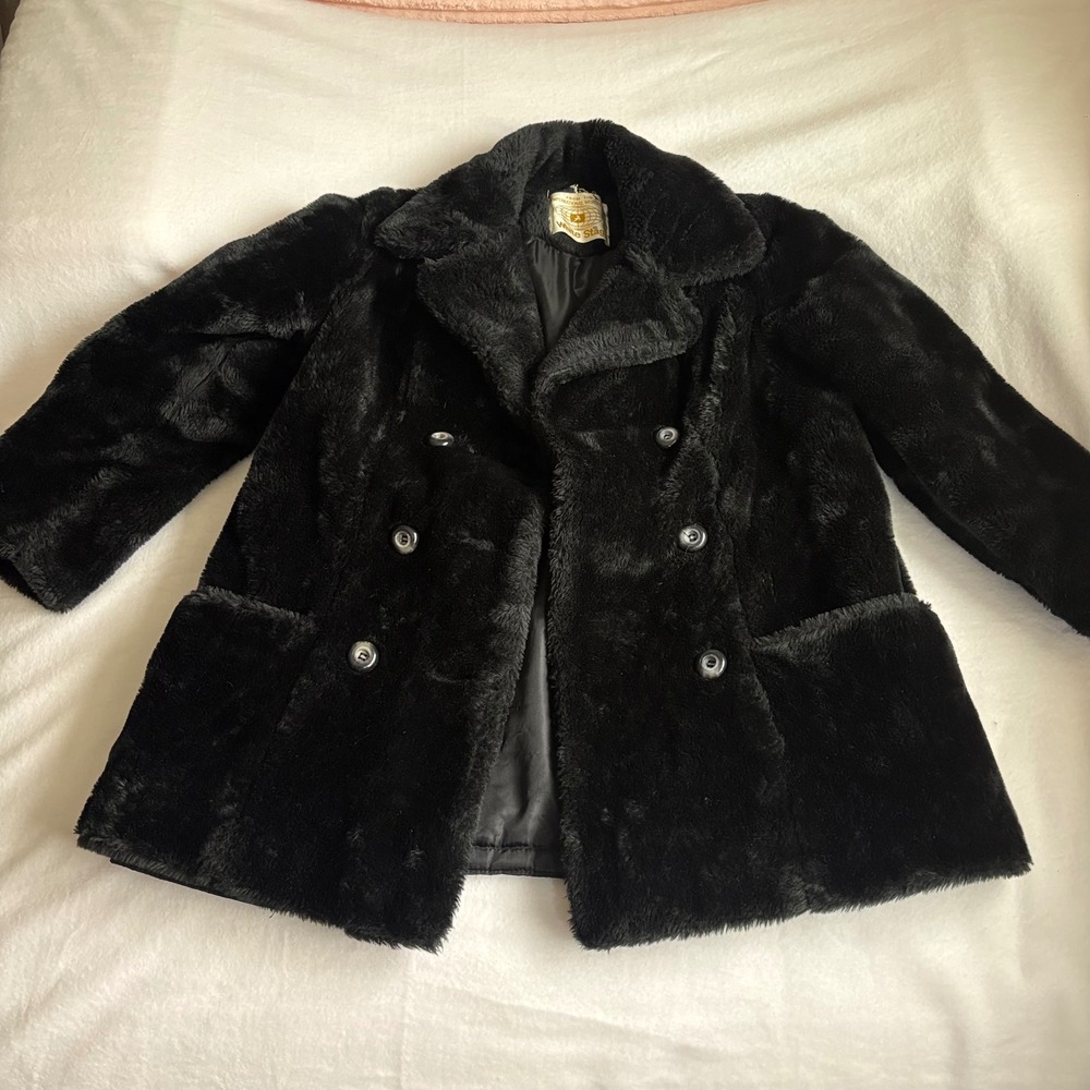 Vintage White Stag Faux Fur Coat Black Double Breasted Glenoit Pea Coat Jacket